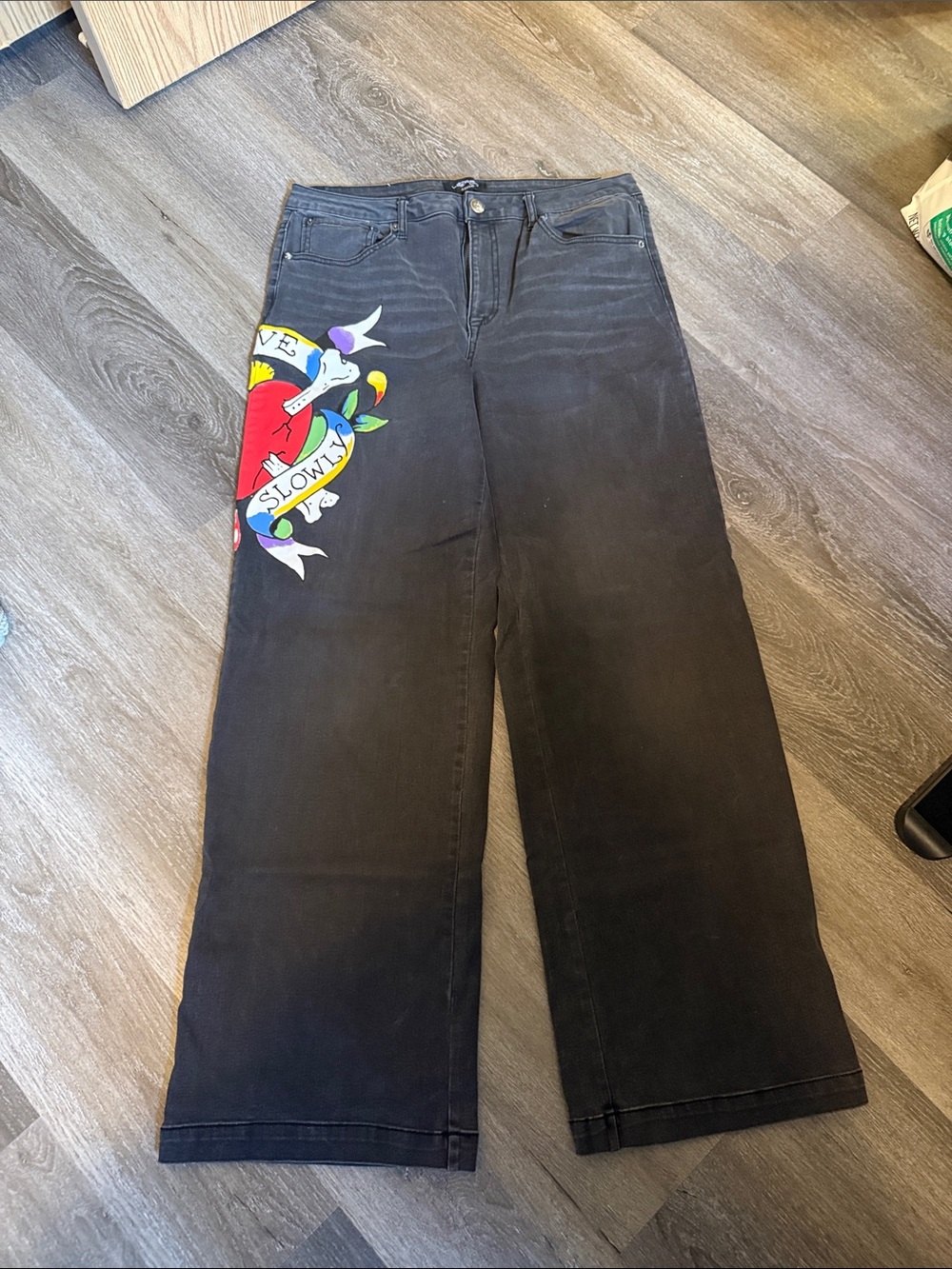 Women’s Black Wide-Leg Jeans with Colorful Side Heart Graphic Ed Hardy